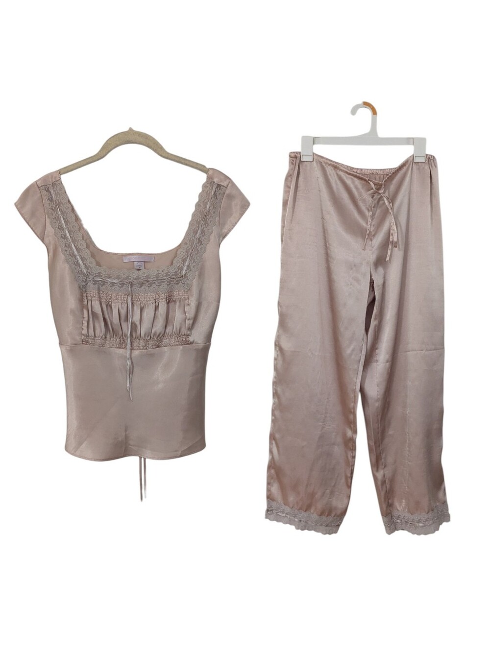Vintage Victoria's Secret Pajama Set Peasant Top Crop Pants Lace Blush Medium M